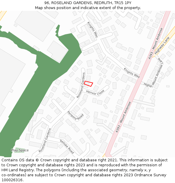 96, ROSELAND GARDENS, REDRUTH, TR15 1PY: Location map and indicative extent of plot