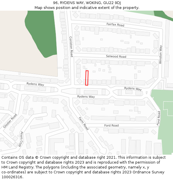 96, RYDENS WAY, WOKING, GU22 9DJ: Location map and indicative extent of plot