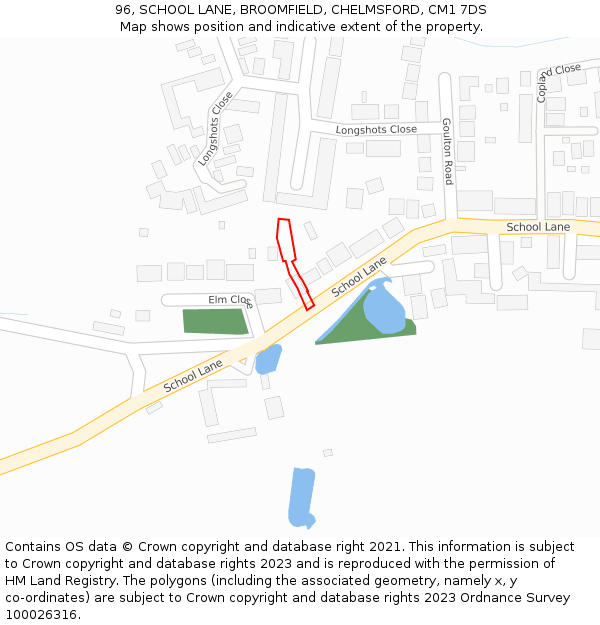 96, SCHOOL LANE, BROOMFIELD, CHELMSFORD, CM1 7DS: Location map and indicative extent of plot