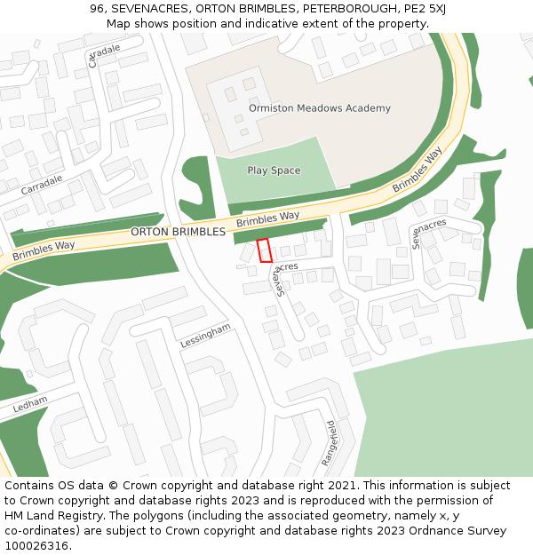 96, SEVENACRES, ORTON BRIMBLES, PETERBOROUGH, PE2 5XJ: Location map and indicative extent of plot