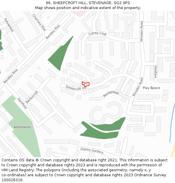 96, SHEEPCROFT HILL, STEVENAGE, SG2 9PS: Location map and indicative extent of plot