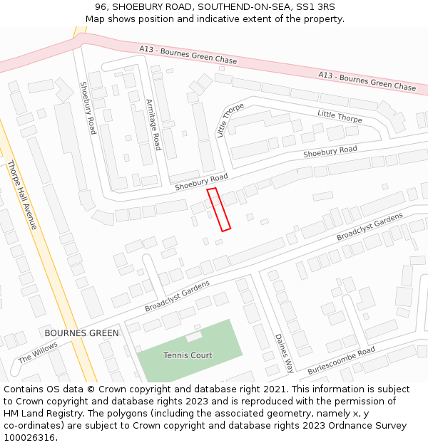 96, SHOEBURY ROAD, SOUTHEND-ON-SEA, SS1 3RS: Location map and indicative extent of plot