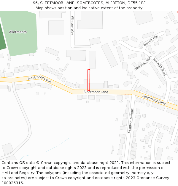 96, SLEETMOOR LANE, SOMERCOTES, ALFRETON, DE55 1RF: Location map and indicative extent of plot