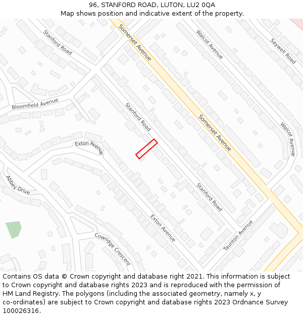 96, STANFORD ROAD, LUTON, LU2 0QA: Location map and indicative extent of plot