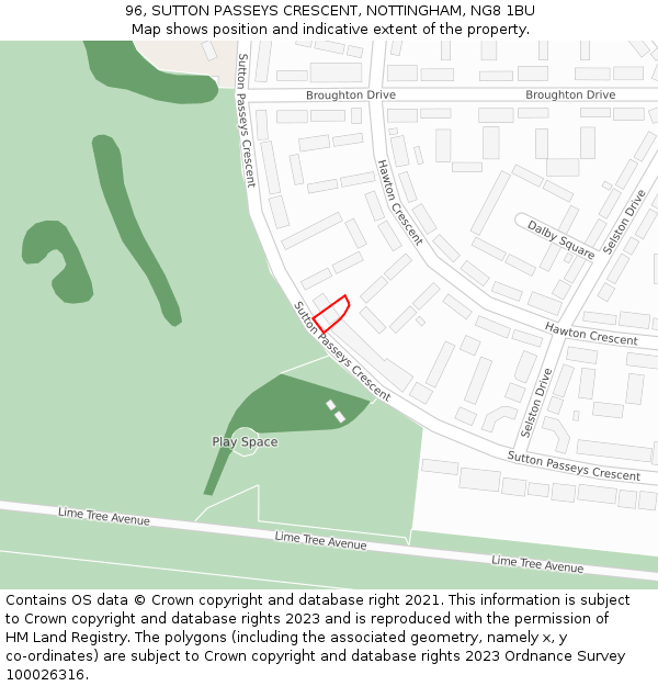 96, SUTTON PASSEYS CRESCENT, NOTTINGHAM, NG8 1BU: Location map and indicative extent of plot