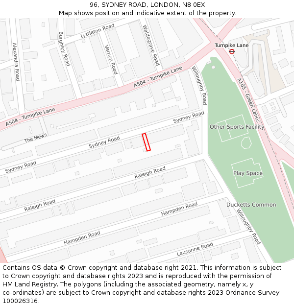 96, SYDNEY ROAD, LONDON, N8 0EX: Location map and indicative extent of plot