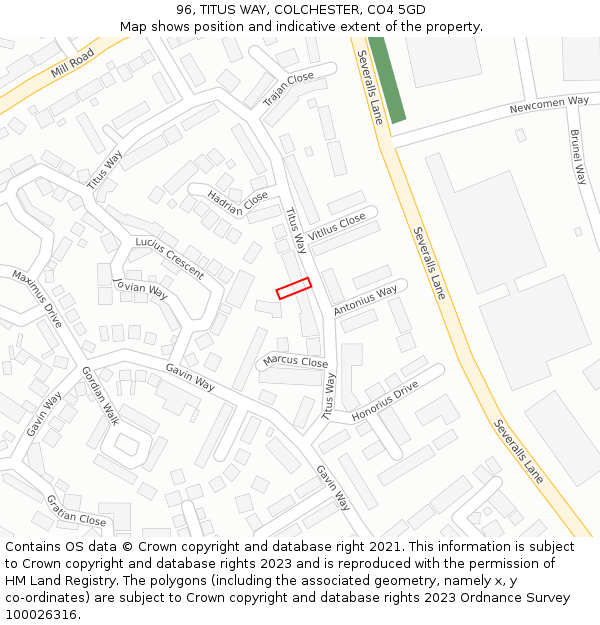 96, TITUS WAY, COLCHESTER, CO4 5GD: Location map and indicative extent of plot