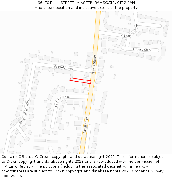 96, TOTHILL STREET, MINSTER, RAMSGATE, CT12 4AN: Location map and indicative extent of plot