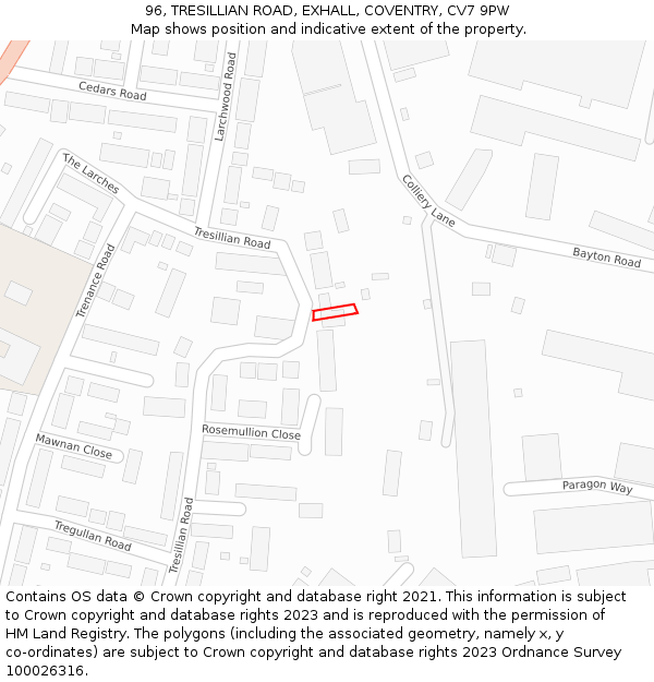 96, TRESILLIAN ROAD, EXHALL, COVENTRY, CV7 9PW: Location map and indicative extent of plot