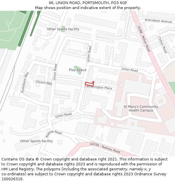 96, UNION ROAD, PORTSMOUTH, PO3 6GF: Location map and indicative extent of plot