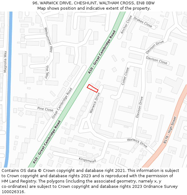 96, WARWICK DRIVE, CHESHUNT, WALTHAM CROSS, EN8 0BW: Location map and indicative extent of plot