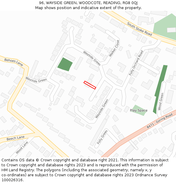 96, WAYSIDE GREEN, WOODCOTE, READING, RG8 0QJ: Location map and indicative extent of plot