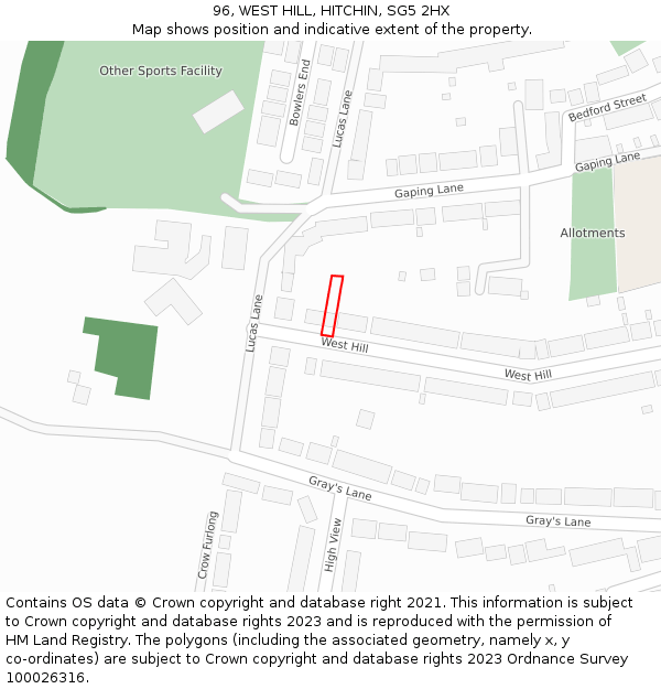 96, WEST HILL, HITCHIN, SG5 2HX: Location map and indicative extent of plot