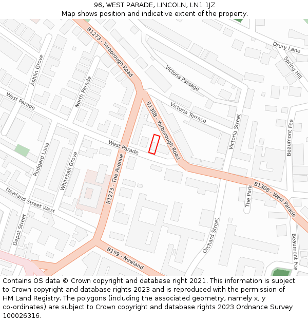 96, WEST PARADE, LINCOLN, LN1 1JZ: Location map and indicative extent of plot