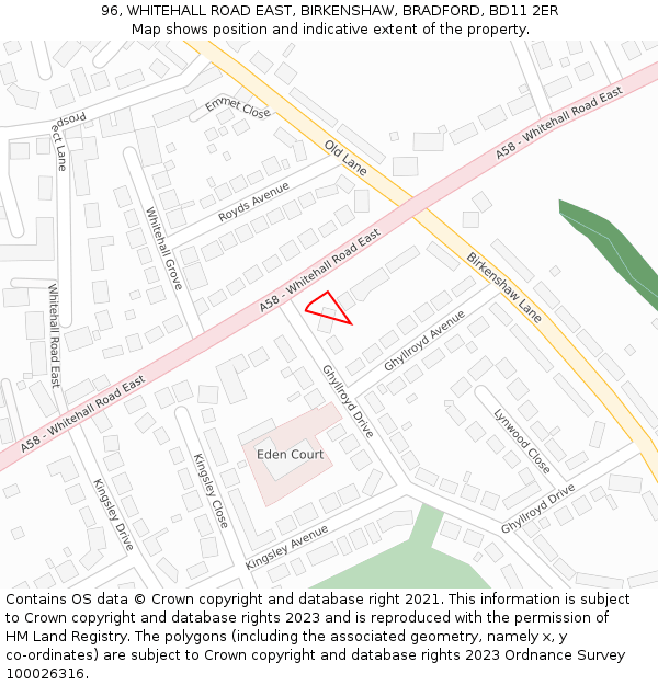 96, WHITEHALL ROAD EAST, BIRKENSHAW, BRADFORD, BD11 2ER: Location map and indicative extent of plot