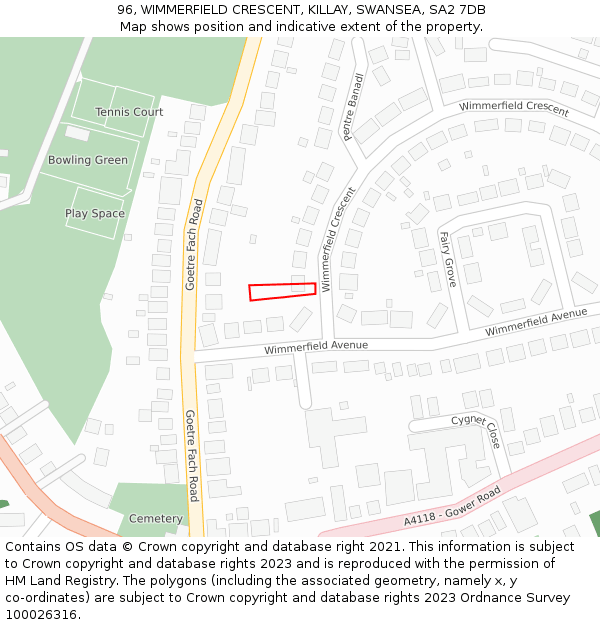 96, WIMMERFIELD CRESCENT, KILLAY, SWANSEA, SA2 7DB: Location map and indicative extent of plot
