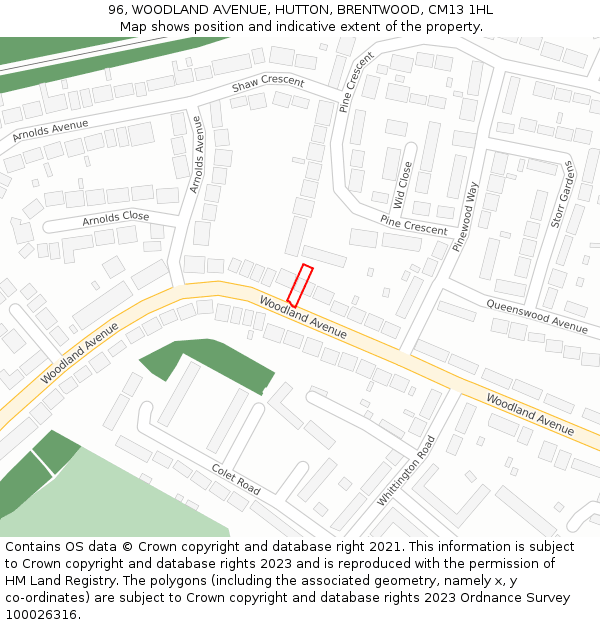 96, WOODLAND AVENUE, HUTTON, BRENTWOOD, CM13 1HL: Location map and indicative extent of plot