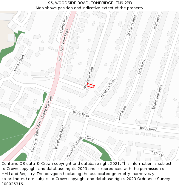 96, WOODSIDE ROAD, TONBRIDGE, TN9 2PB: Location map and indicative extent of plot