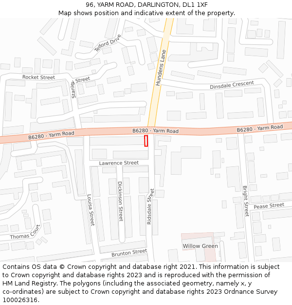 96, YARM ROAD, DARLINGTON, DL1 1XF: Location map and indicative extent of plot