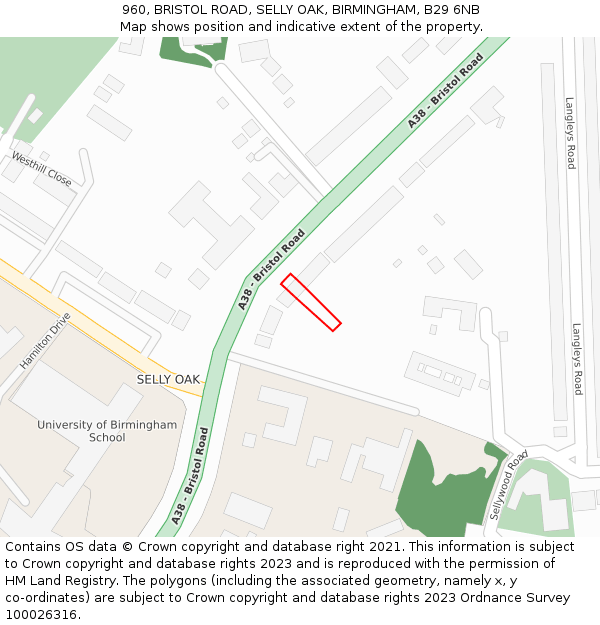 960, BRISTOL ROAD, SELLY OAK, BIRMINGHAM, B29 6NB: Location map and indicative extent of plot