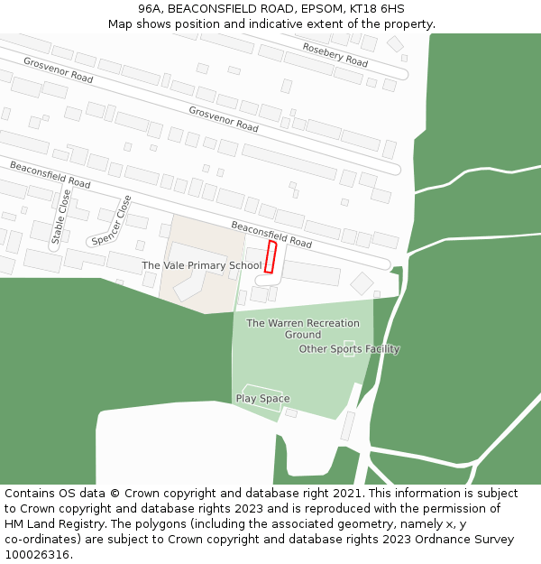 96A, BEACONSFIELD ROAD, EPSOM, KT18 6HS: Location map and indicative extent of plot