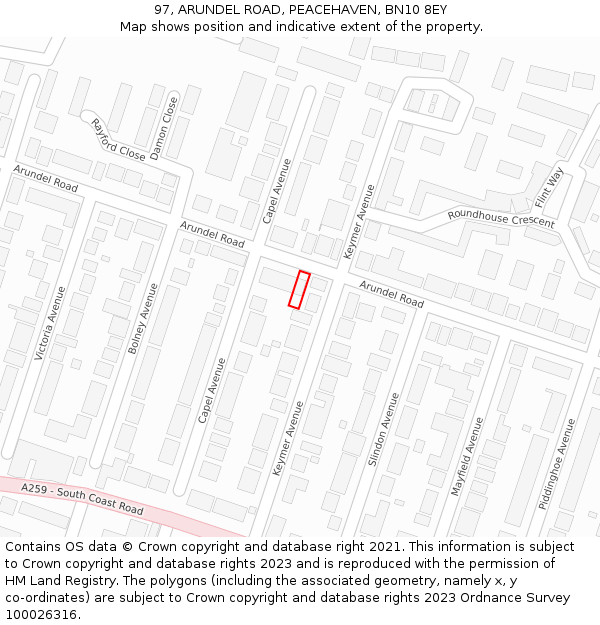 97, ARUNDEL ROAD, PEACEHAVEN, BN10 8EY: Location map and indicative extent of plot