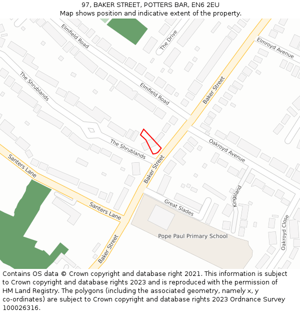 97, BAKER STREET, POTTERS BAR, EN6 2EU: Location map and indicative extent of plot