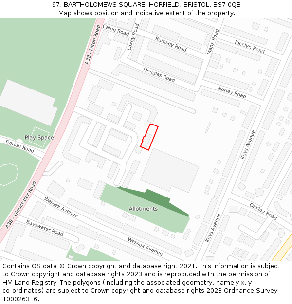 97, BARTHOLOMEWS SQUARE, HORFIELD, BRISTOL, BS7 0QB: Location map and indicative extent of plot