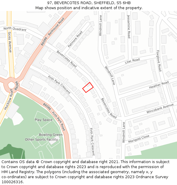 97, BEVERCOTES ROAD, SHEFFIELD, S5 6HB: Location map and indicative extent of plot