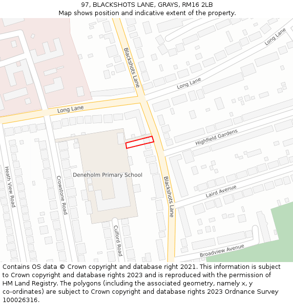 97, BLACKSHOTS LANE, GRAYS, RM16 2LB: Location map and indicative extent of plot