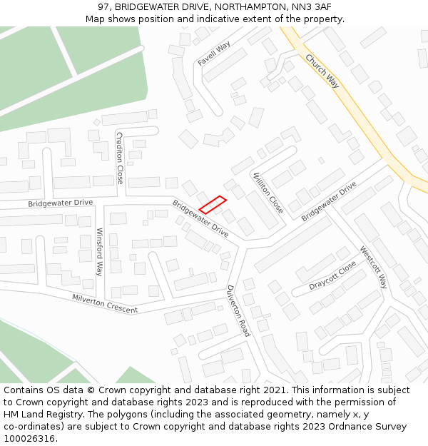 97, BRIDGEWATER DRIVE, NORTHAMPTON, NN3 3AF: Location map and indicative extent of plot