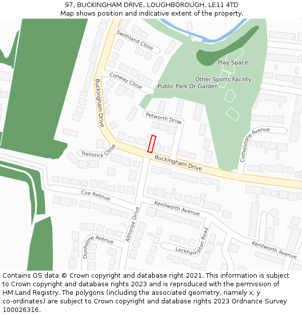 97, BUCKINGHAM DRIVE, LOUGHBOROUGH, LE11 4TD: Location map and indicative extent of plot