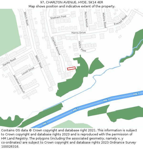 97, CHARLTON AVENUE, HYDE, SK14 4ER: Location map and indicative extent of plot