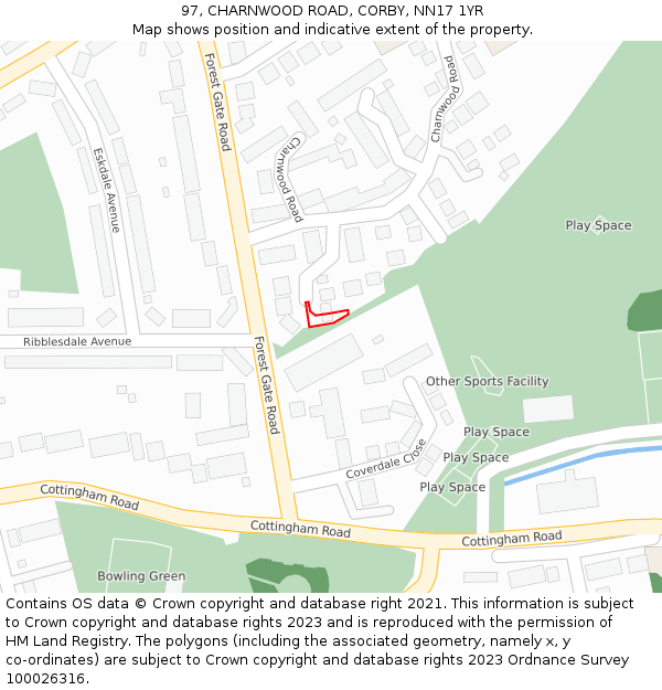 97, CHARNWOOD ROAD, CORBY, NN17 1YR: Location map and indicative extent of plot