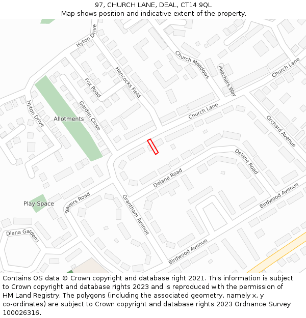 97, CHURCH LANE, DEAL, CT14 9QL: Location map and indicative extent of plot