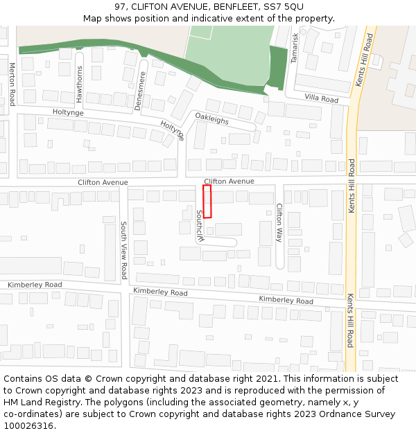 97, CLIFTON AVENUE, BENFLEET, SS7 5QU: Location map and indicative extent of plot