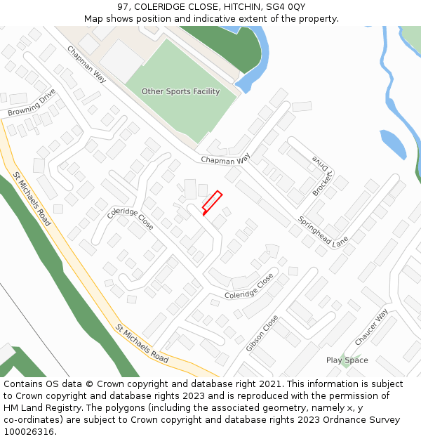 97, COLERIDGE CLOSE, HITCHIN, SG4 0QY: Location map and indicative extent of plot