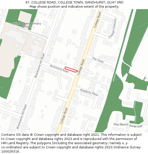 97, COLLEGE ROAD, COLLEGE TOWN, SANDHURST, GU47 0RD: Location map and indicative extent of plot