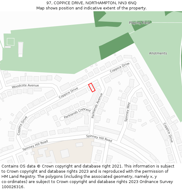 97, COPPICE DRIVE, NORTHAMPTON, NN3 6NQ: Location map and indicative extent of plot