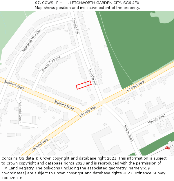 97, COWSLIP HILL, LETCHWORTH GARDEN CITY, SG6 4EX: Location map and indicative extent of plot