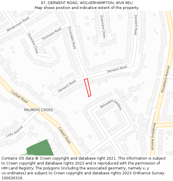 97, DERWENT ROAD, WOLVERHAMPTON, WV6 9EU: Location map and indicative extent of plot