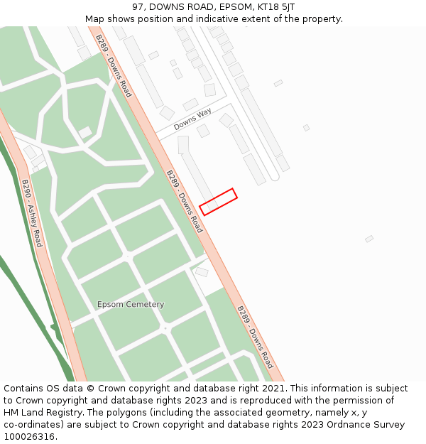 97, DOWNS ROAD, EPSOM, KT18 5JT: Location map and indicative extent of plot