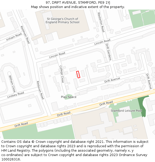 97, DRIFT AVENUE, STAMFORD, PE9 1YJ: Location map and indicative extent of plot