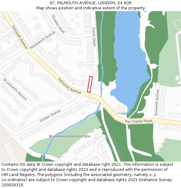 97, FALMOUTH AVENUE, LONDON, E4 9QR: Location map and indicative extent of plot