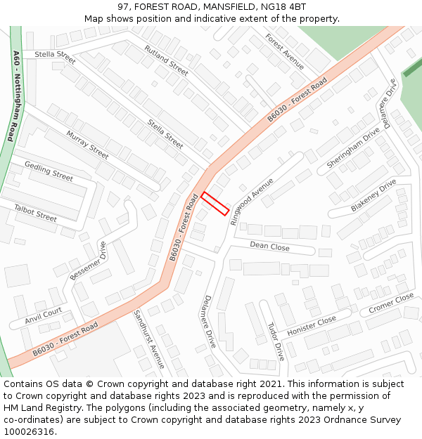 97, FOREST ROAD, MANSFIELD, NG18 4BT: Location map and indicative extent of plot