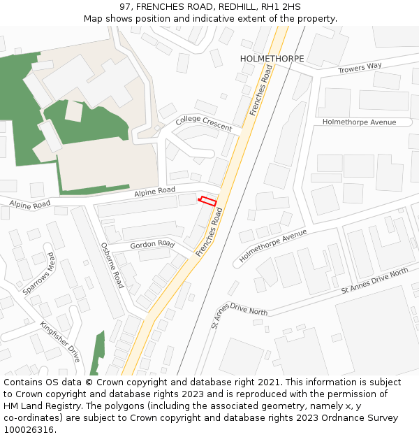 97, FRENCHES ROAD, REDHILL, RH1 2HS: Location map and indicative extent of plot