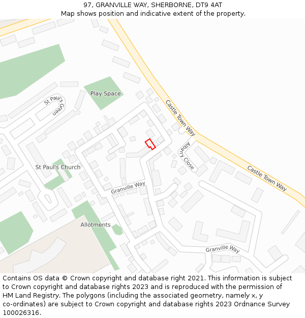 97, GRANVILLE WAY, SHERBORNE, DT9 4AT: Location map and indicative extent of plot