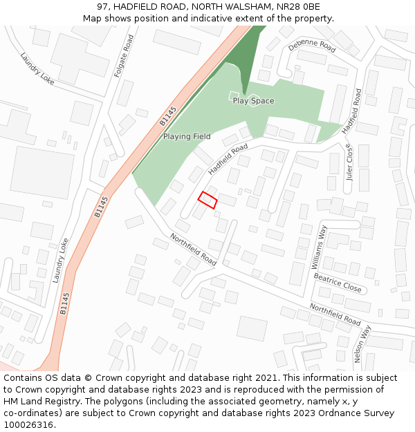 97, HADFIELD ROAD, NORTH WALSHAM, NR28 0BE: Location map and indicative extent of plot