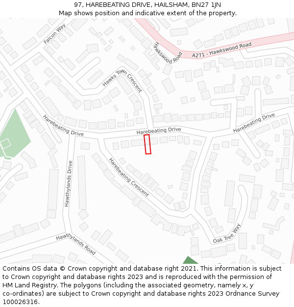 97, HAREBEATING DRIVE, HAILSHAM, BN27 1JN: Location map and indicative extent of plot