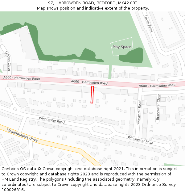 97, HARROWDEN ROAD, BEDFORD, MK42 0RT: Location map and indicative extent of plot